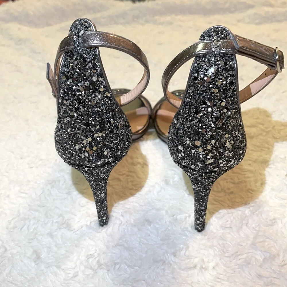 NEW - J. Crew Riley Sandal Stiletto Heels Silver Gunmetal Glitter Size 9.5 NIB